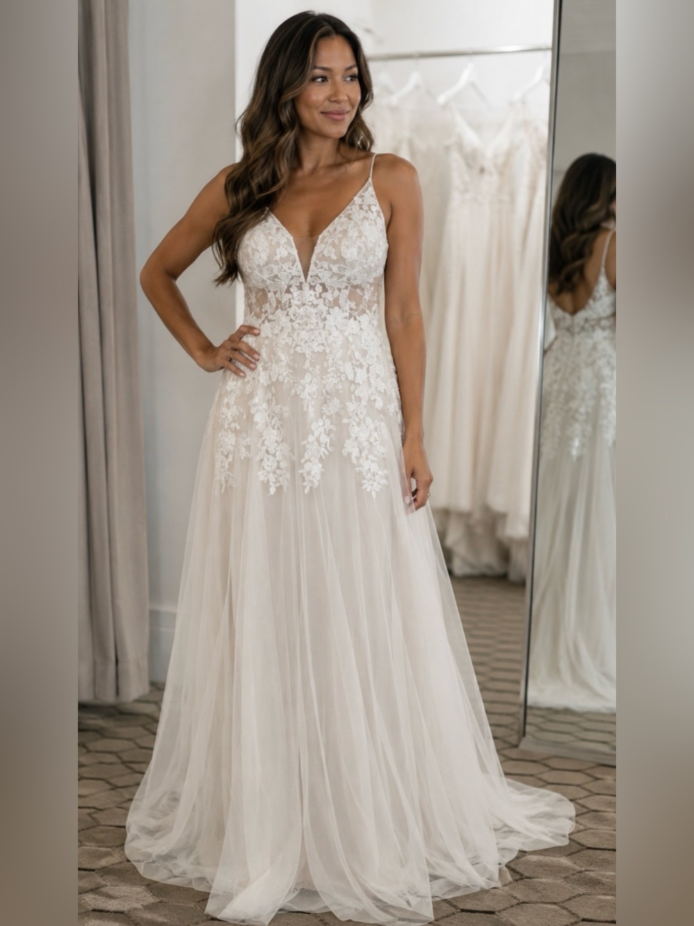 Ivory Lace Appliqué Bridal Gown with Sheer Bodice and Front Slit